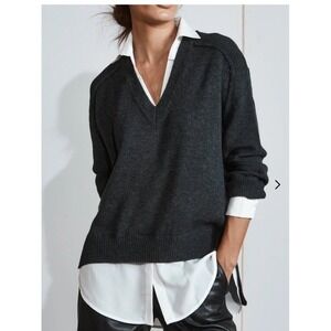 Brochu walker The Looker Layered V-Neck Dark Charcoal Size M‎ Wool Blend Preppy